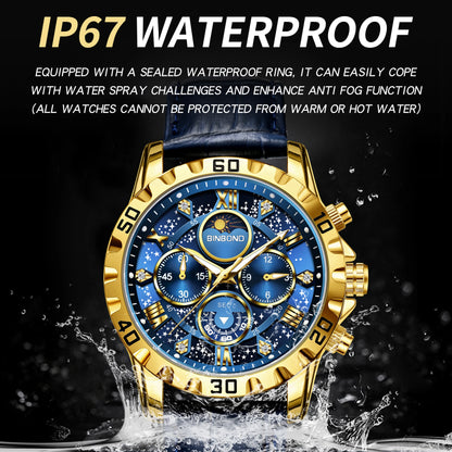 BINBOND Genuine accurate quartz wristwatches for men luxury luminous waterproof chronograph leather strap men's watch reloj