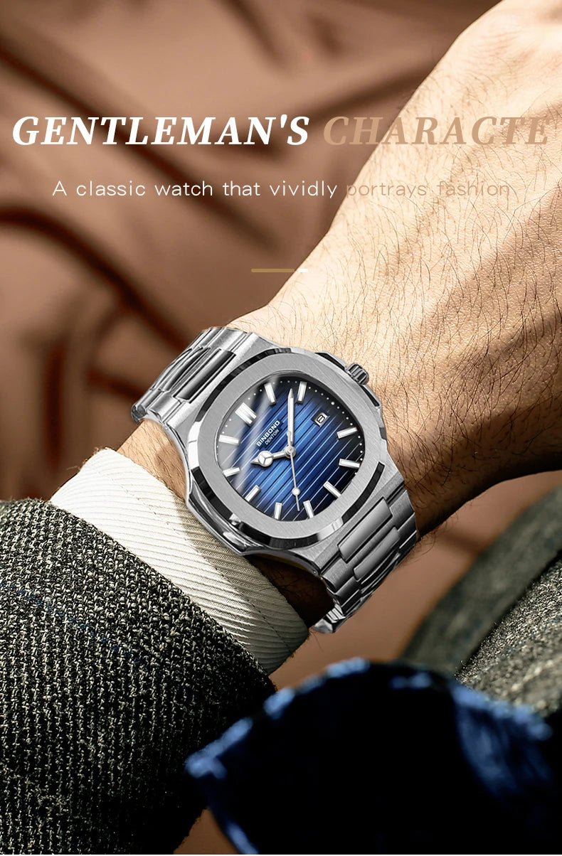 BINBOND sturdy stainless steel strap quartz wristwatches for men luxury luminous waterproof auto date accurate men's watch reloj