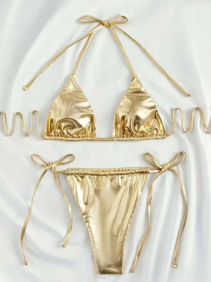 Women Bikini Set 2025 Summer Metallic Gold Shiny Halter Triangle Tie Side String Sexy Swimwear Female Beach Vacation Bathing Sui