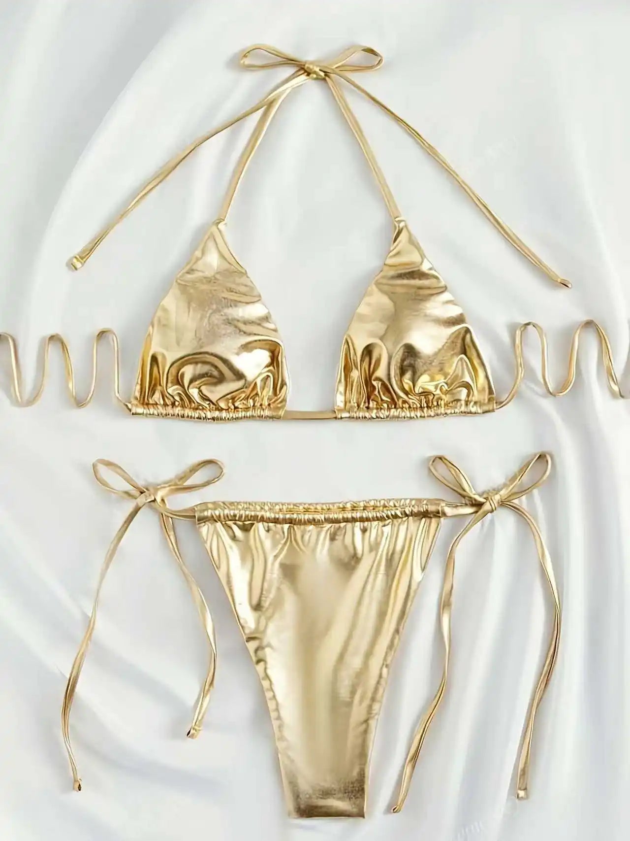 Women Bikini Set 2025 Summer Metallic Gold Shiny Halter Triangle Tie Side String Sexy Swimwear Female Beach Vacation Bathing Sui