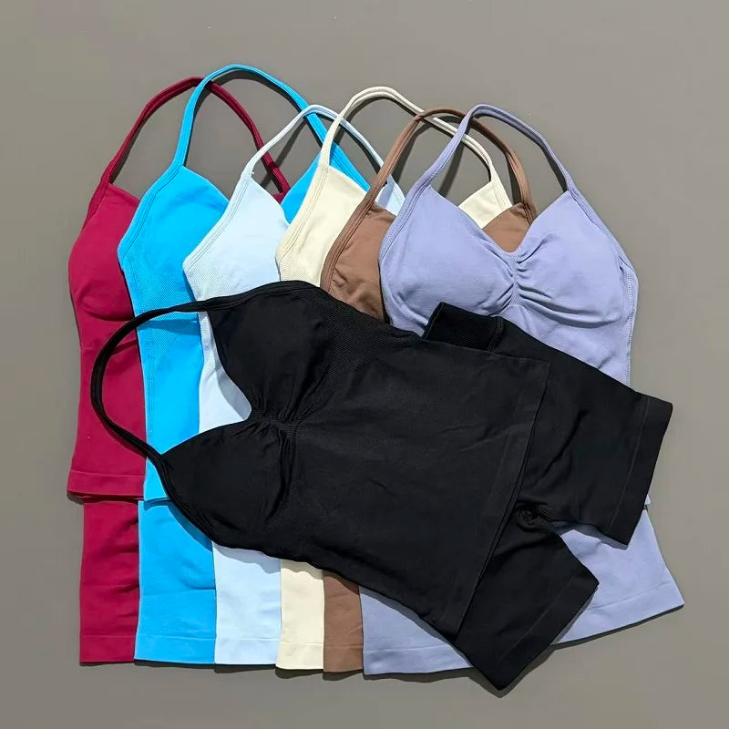 Yoga 2 Pieces Gym Set Women Backless Halter Tops High Waist Seamless Shorts Gym Suit Fitness Sports Bras Sportswear Workout Sets