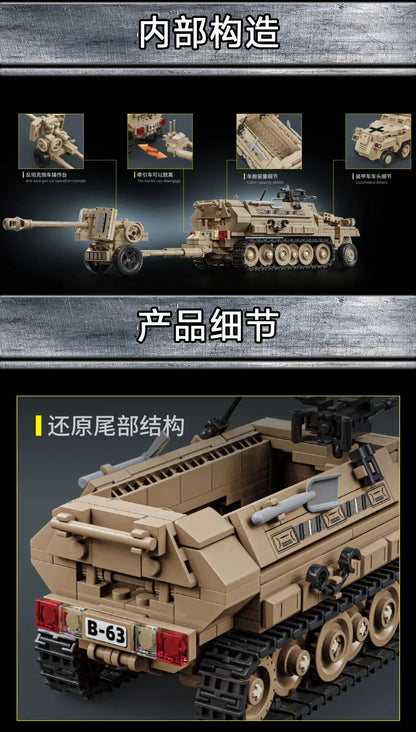 World War 2 WW2 Army Military Soldiers SWAT Half Tracked Armor Vehicle Trailer Assemble Building Blocks Bricks Children's Toys