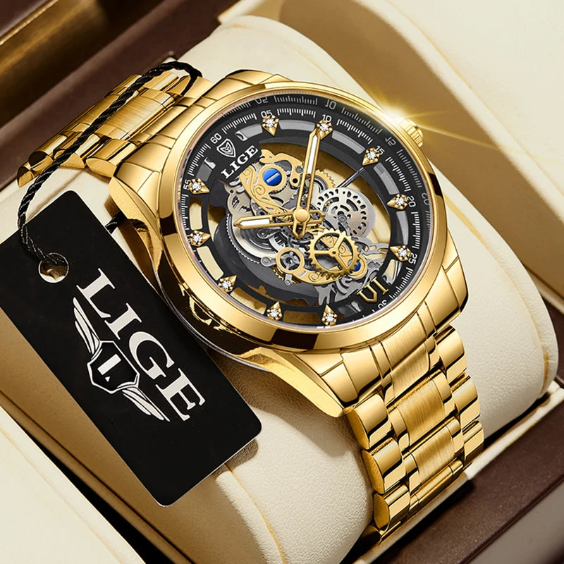 Original LIGE Men Watch Gold Stainless Steel Hollow Skeleton Quartz Watches for Men Fashion Military Waterproof Men Wristwatch