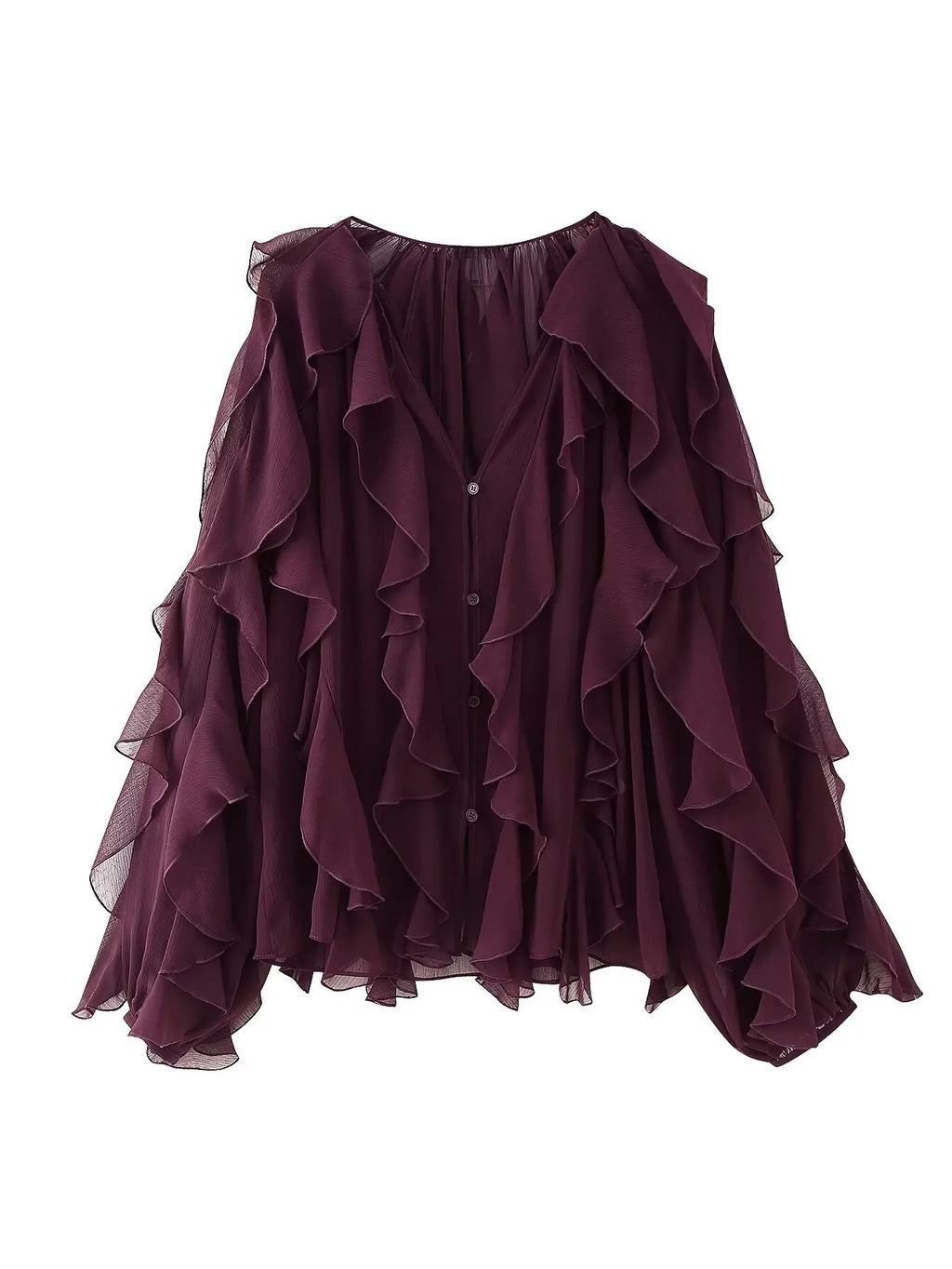 YENKYE New 2025 Women Sexy Semi-sheer Ruffle Shirt Long Sleeve V Neck Front Button Autumn Blouse Burgundy Blusas Mujer