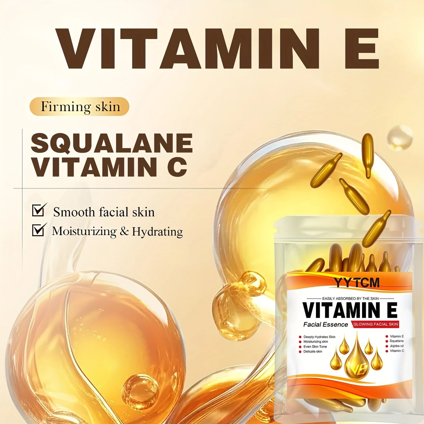 Vitamin E Deep Moisturizing Capsule Essence, Hydrates and Smooths Skin, Contains Plant-Based Squalane, Vitamin C, Deep Hydration and Brightening Skin Essence (0.4Gx30 Capsules)/Bag-1 Bag