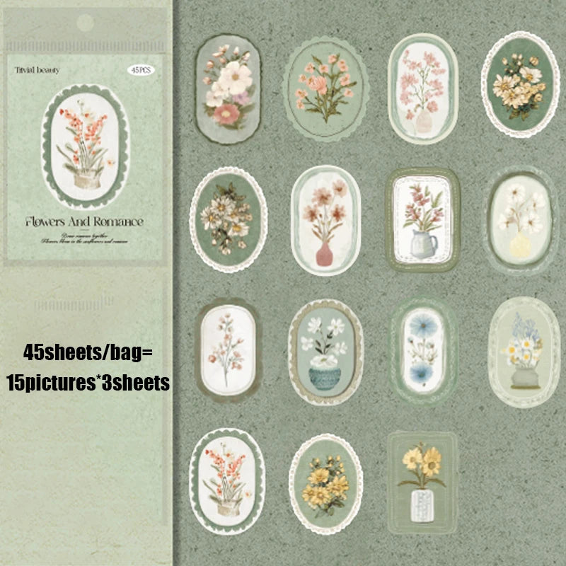 Mr. Paper 45pcs Serene Florals Sticker Pack - Boxed Flower Theme Collection, DIY Journal Collage Decor Set, Literary Stationery