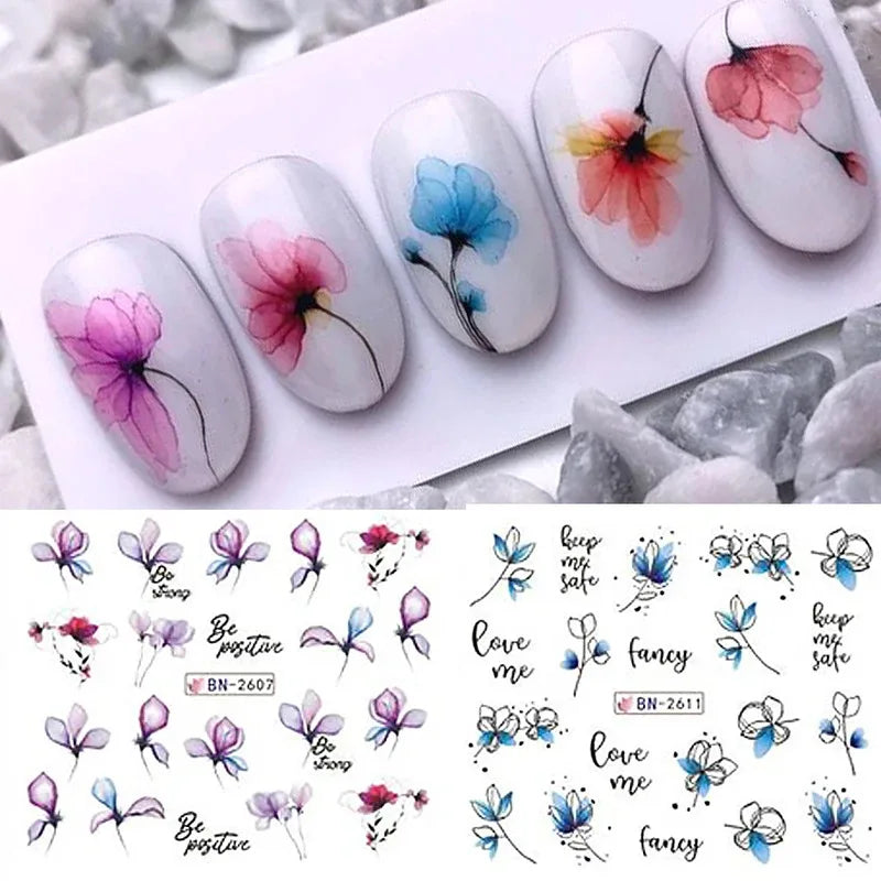 12 Pcs Summer Ink Blooming Flowers Nail Art Stickers, Water Decal Leaves Graffiti Slider Nail Decoration