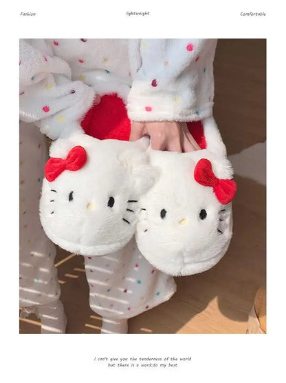 Kawaii Hellokitty Anime Warm Cotton Slippers Autumn Winter Thick Anti Slip Cartoon Plush House Slippers For Girls Surprise Gifts