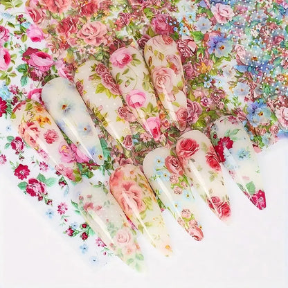 10PCS Mixed Nail Art Foils Transfer Sticker Set Rose Flower Designs Floral Starry Sky Nail Wraps Wedding Summer Manicure Decor