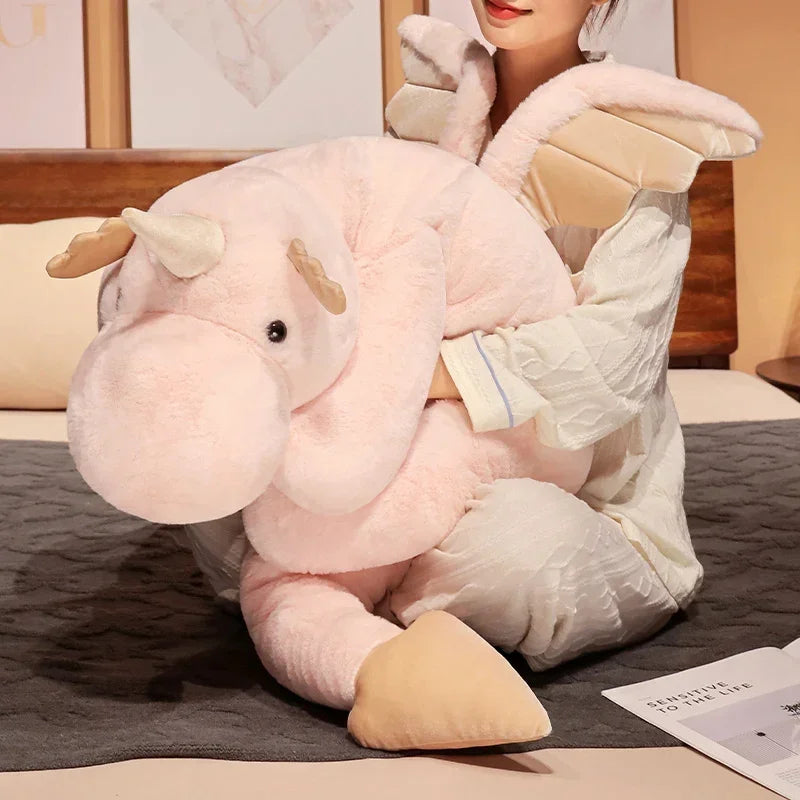 Cartoon Giant Flying Dragon White Pink Snow Dragon Plush Dinosaur Plushie Toy Soft Stuffed Animal Doll Big Sleep Pillow Kid Gift