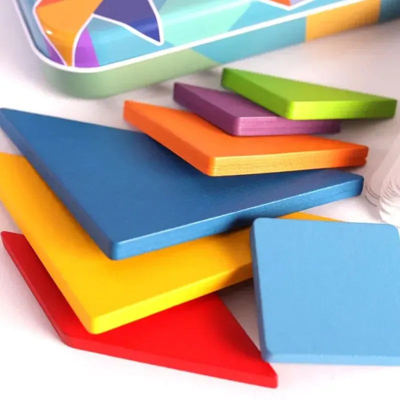 Children's Wooden Colorful Tangram Iron Box Storage Jigsaw Puzzle Puzzle Early Education Intelligence Number Letter Wooden Toys