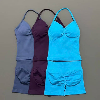 Yoga 2 Pieces Gym Set Women Backless Halter Tops High Waist Seamless Shorts Gym Suit Fitness Sports Bras Sportswear Workout Sets