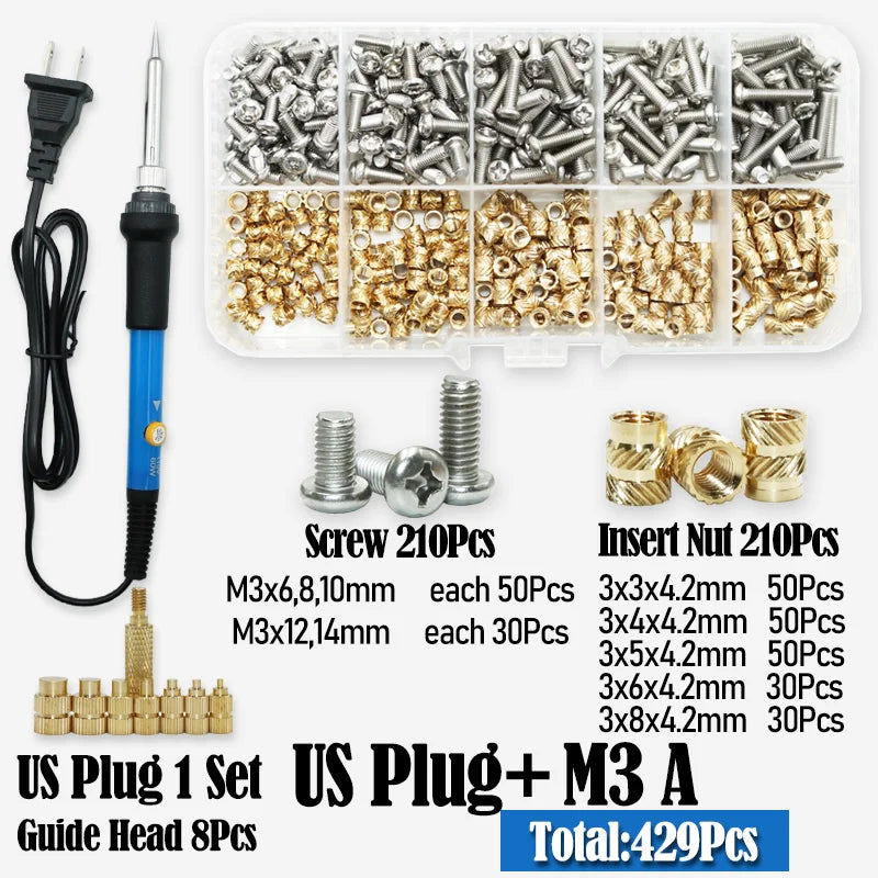 Heat Set Thread Brass Insert Nut and Bolt M2 M3 M4 Soldering Iron Tip Copper Insertion Nut Machine Screw Kit Inserts 3d Printer