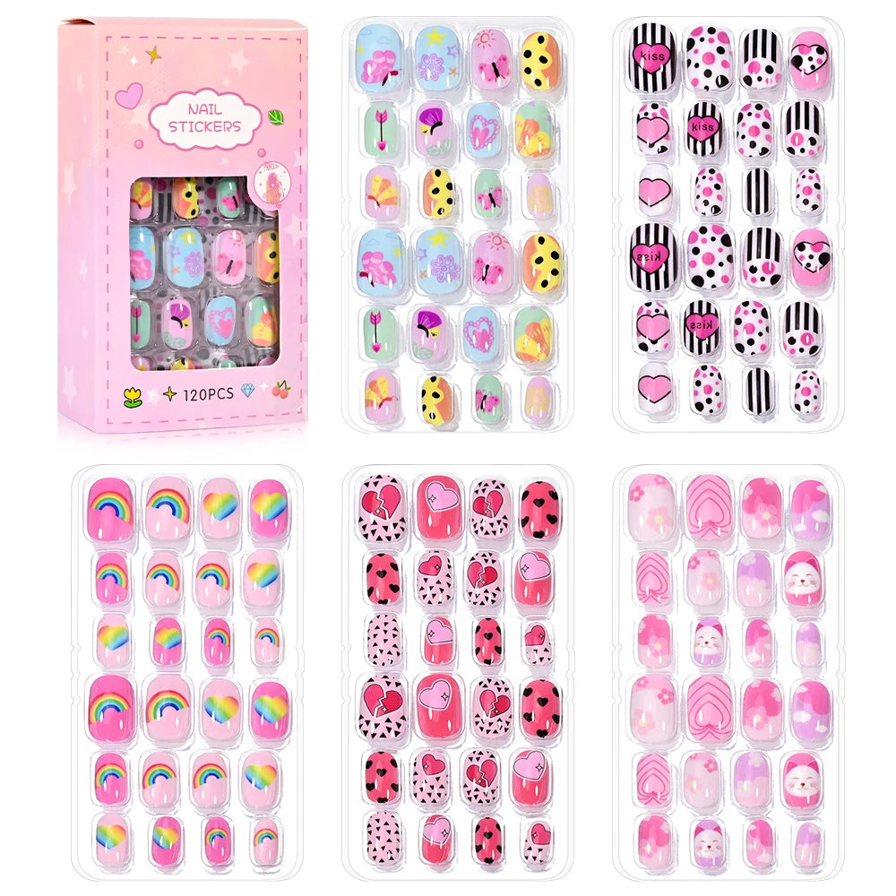 120Pcs/Box Cartoon Gril Princess Children Press On Nails 6-14Years Kawaii Cat/Flowers/Rainbow Nail Tips With Jelly Gel Girl Gift