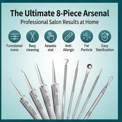 8PCS Stainless Steel Acne & Blackhead Removal Tool Set – Cell Clip, Acne Needle, Beauty Salon Kit