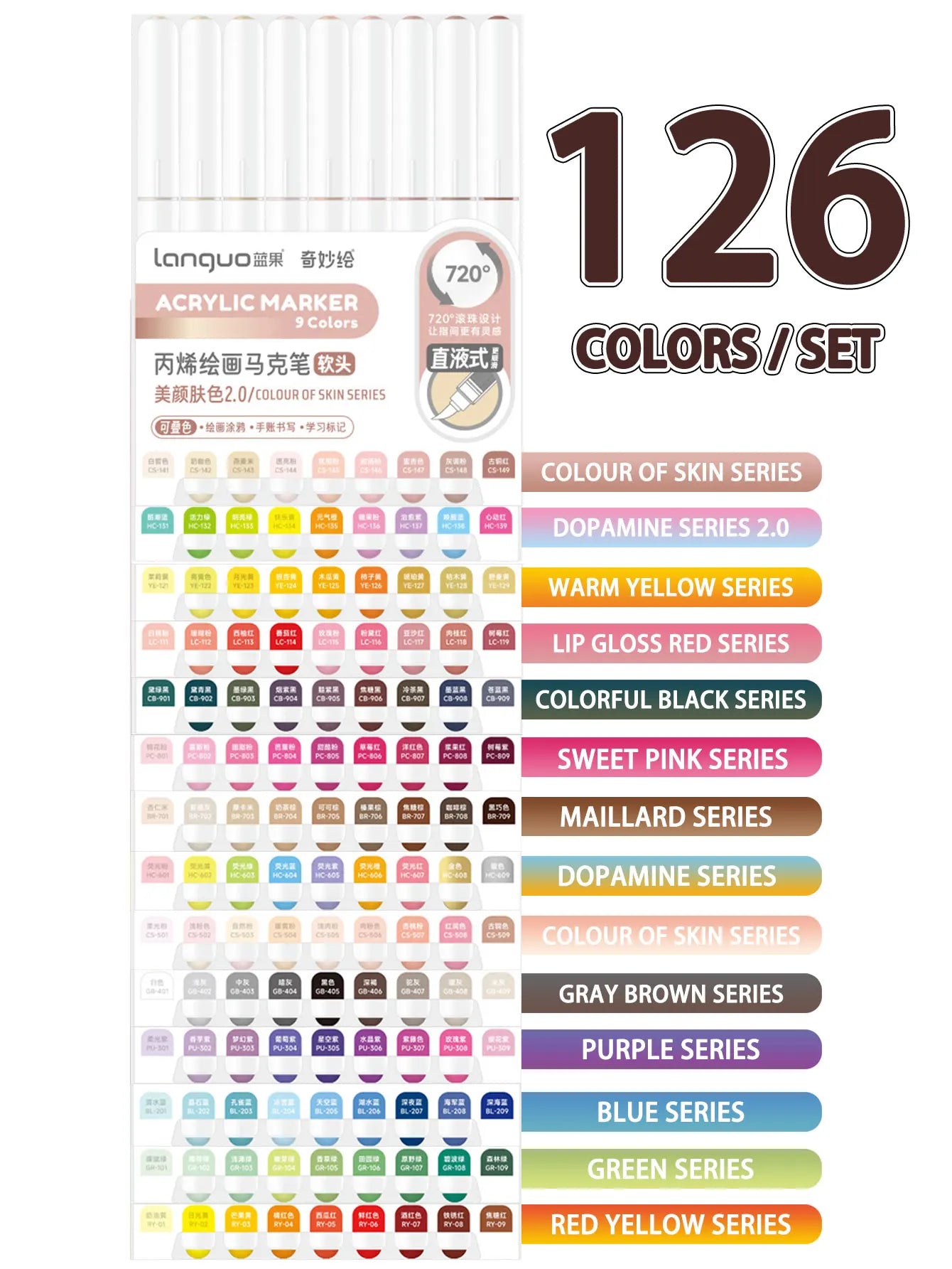 Languo 9pcs/box Soft Brush Acrylic Marker Pen Set，DIY Hand Drawn,Paint Art Markers pens,Student Graffiti Acrylic Paint Pens,M720