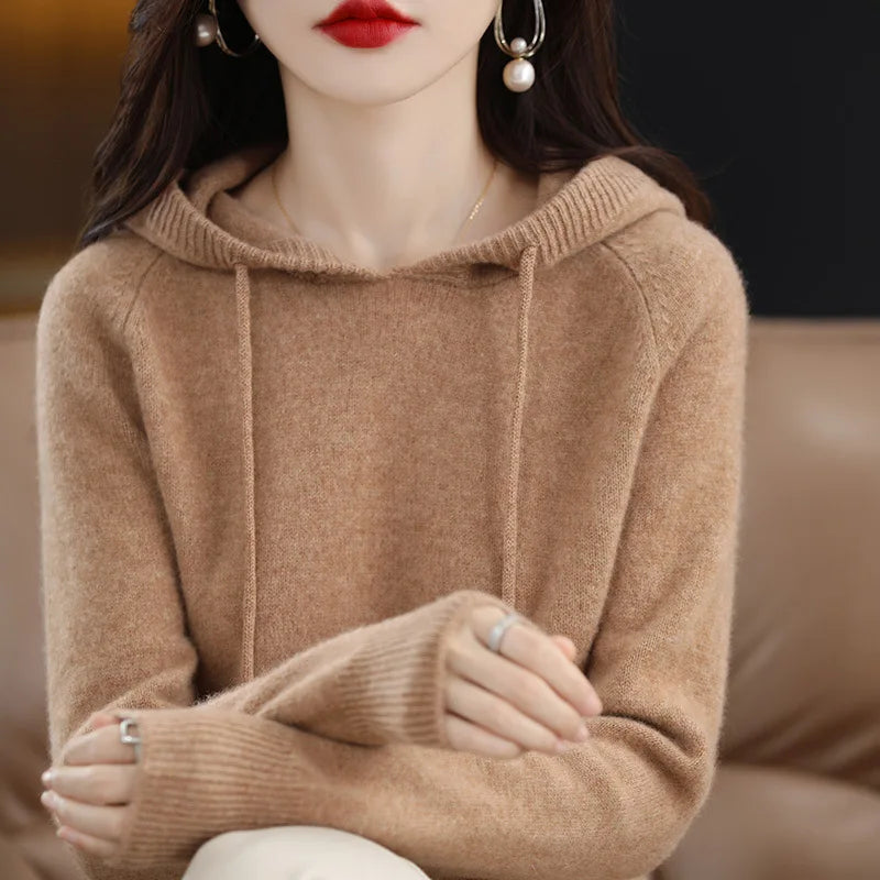 Hooded Sweater Fashion Women Autumn Winter Long Sleeve Solid Color Knitted Hoodies Lady Loose Drawstring Casual Pullover Hoodie