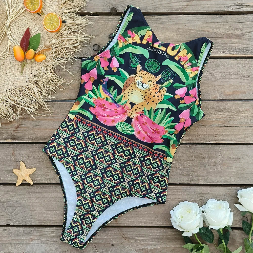 2026 New Printed One-piece Swimsuit Classic Printed Lace Up Swimsuit Women's Push Up Flower One-piece Suit Beach Wear For Female