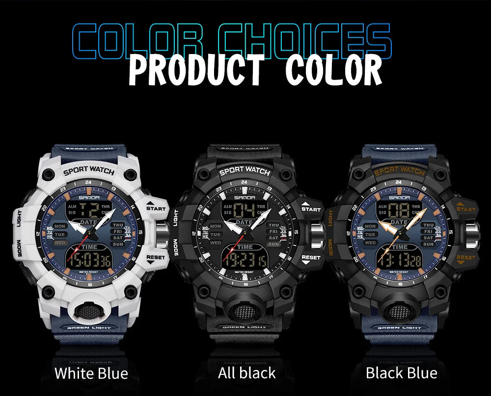 SANDA Outdoor Sports Military Mens Watch LED Digital Electron Quartz Male Wristwatch Dual Display Clock Men Relogio Masculino