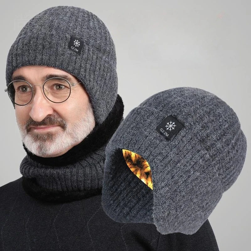 Men Winter Knitted Hat Plush Warmth Peaked Cap Outdoor Earmuff Casual Fashion Faux Fur Lined Hooded Hats Cycling Ear Protection