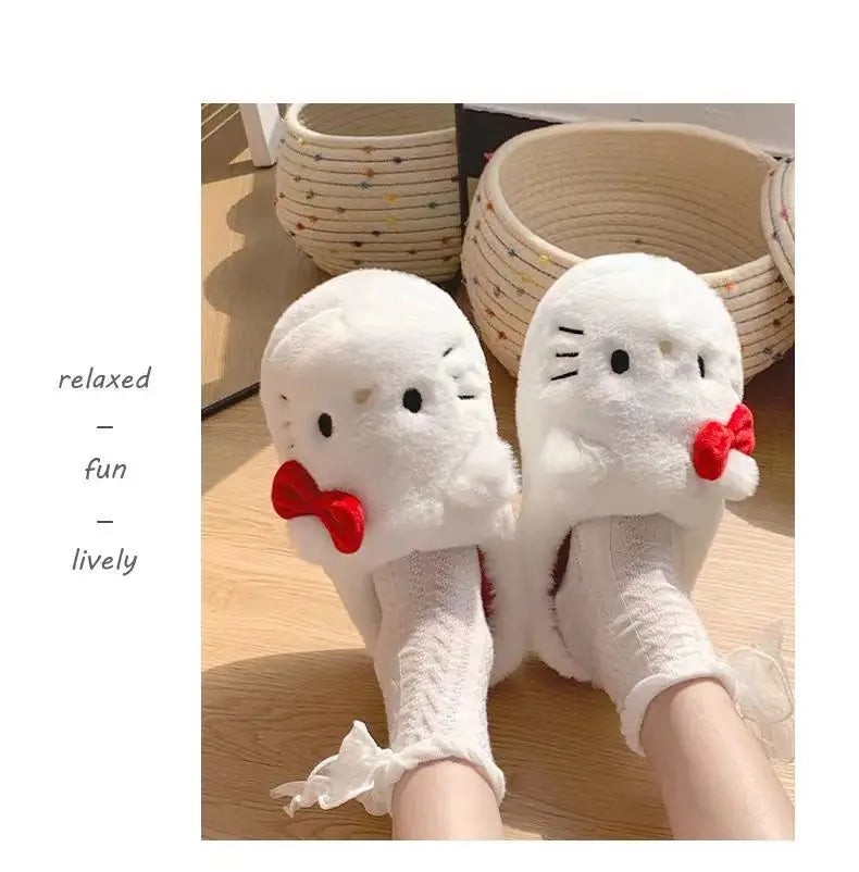 Kawaii Hellokitty Anime Warm Cotton Slippers Autumn Winter Thick Anti Slip Cartoon Plush House Slippers For Girls Surprise Gifts