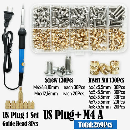 Heat Set Thread Brass Insert Nut and Bolt M2 M3 M4 Soldering Iron Tip Copper Insertion Nut Machine Screw Kit Inserts 3d Printer