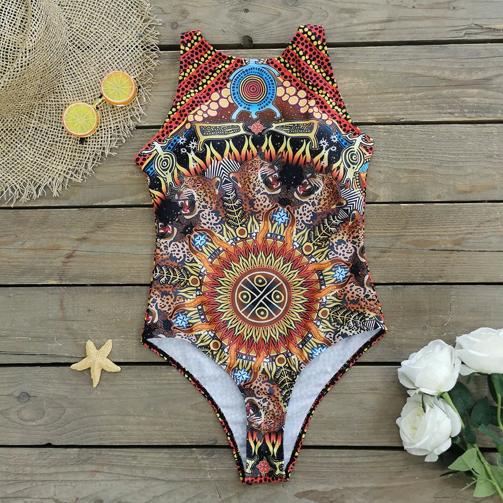 2026 New Printed One-piece Swimsuit Classic Printed Lace Up Swimsuit Women's Push Up Flower One-piece Suit Beach Wear For Female