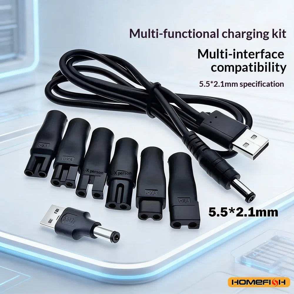 8-PCS Universal Replacement Charger Set, 5V Power Cord & USB Adapter for Hair Clippers Beard Trimmers & Shavers