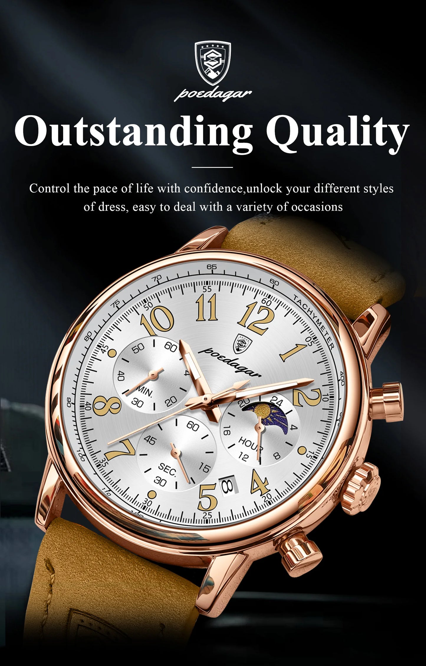 POEDAGAR Luxury Sports Men Watch Waterproof Luminous Leather Quartz Man Wristwatch Chronograph Date Military Men's Watches Reloj