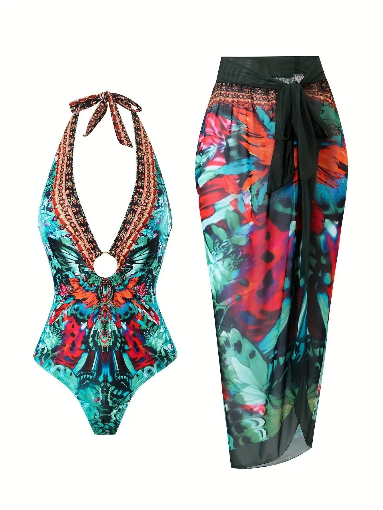 Blue One-Shoulder Ruffled Print Floral Swimsuit Set Cover Up Single Piece Micro Monokini Sexy Swimwear For Girls Summer Beach