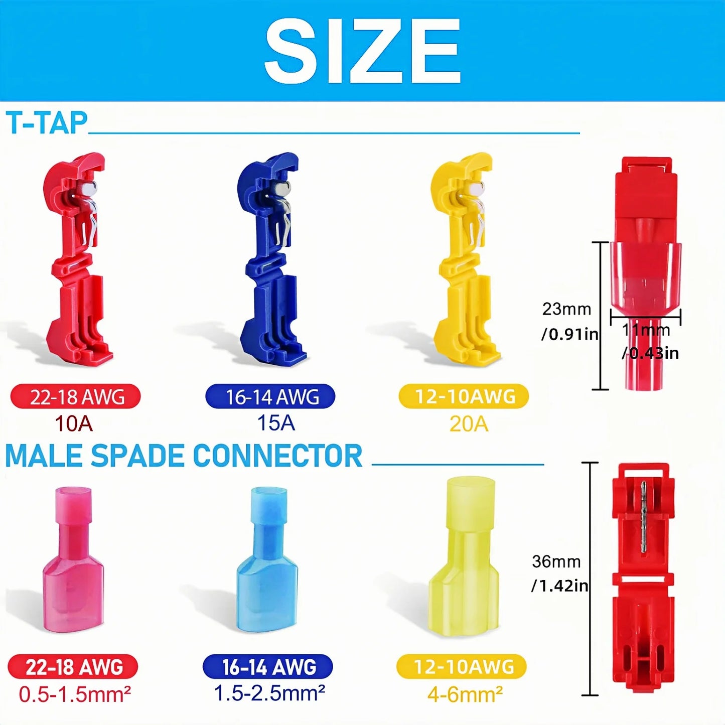 T Tap Wire Connectors, 60/50/40pcs Self-Stripping with Nylon Fully Insulated Male Quick Disconnect splice T Type Electrical Wire