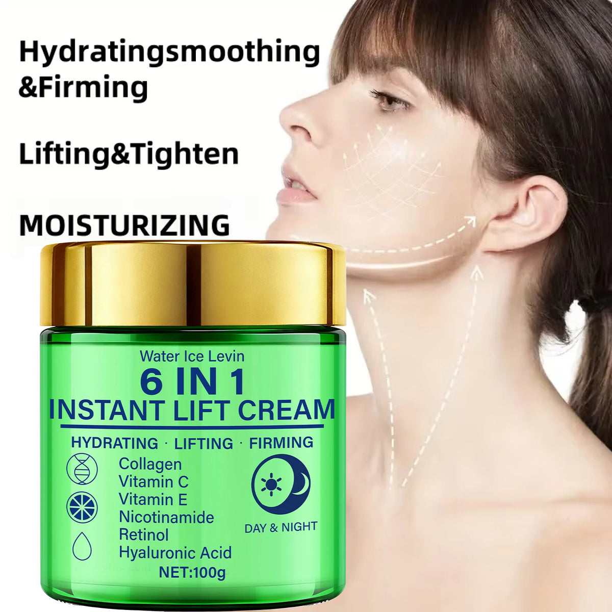 6 in 1 Instant Lift Cream Collagen Vitamin C Retinol Blend. Hydrates Lifts Firms Skin. Day Night Use. Visible Tightening. 100g.