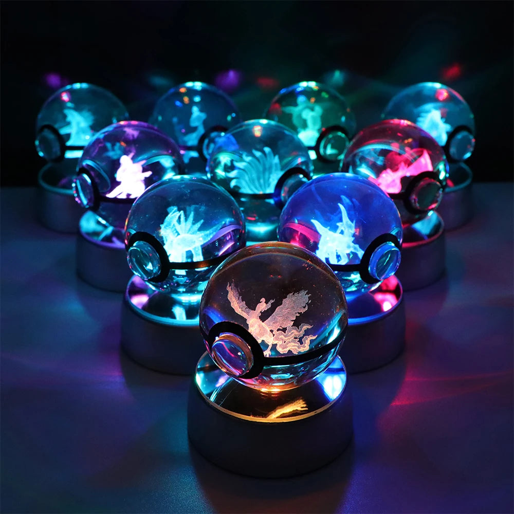 Pokemon 3D Crystal Ball Pikachu Gengar Eevee Mewtwo Anime Game Pokeball Led Night Light Base Kids Birthday Gift Home Decoration