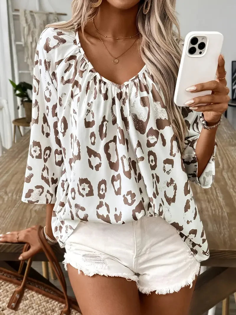 Plus Size Women Leopard Print Deep V-Neck Blouse Shirt Ladies 3/4 Sleeve Asymmetrical Shirt with Ruffled Hem & Ruched Detailing