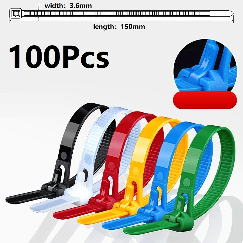 100 Reusable Cable Ties, Cable Lock Loop Nylon Ties Removable, Recyclable, Mixed Colours, Black, White