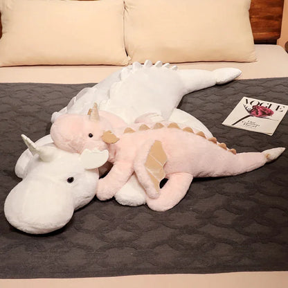 Cartoon Giant Flying Dragon White Pink Snow Dragon Plush Dinosaur Plushie Toy Soft Stuffed Animal Doll Big Sleep Pillow Kid Gift