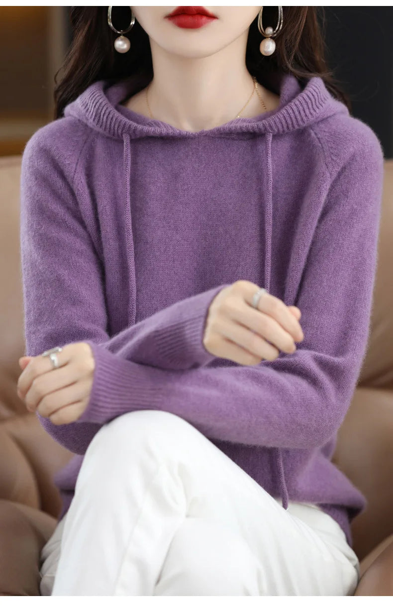 Hooded Sweater Fashion Women Autumn Winter Long Sleeve Solid Color Knitted Hoodies Lady Loose Drawstring Casual Pullover Hoodie