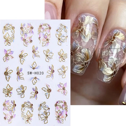 5pcs Metallic Gold Line Flower Nail Stickers 3D Bronzing Border Petals Sakura Leaf Nail Decals Slider DIY Elegant Manicure Decor