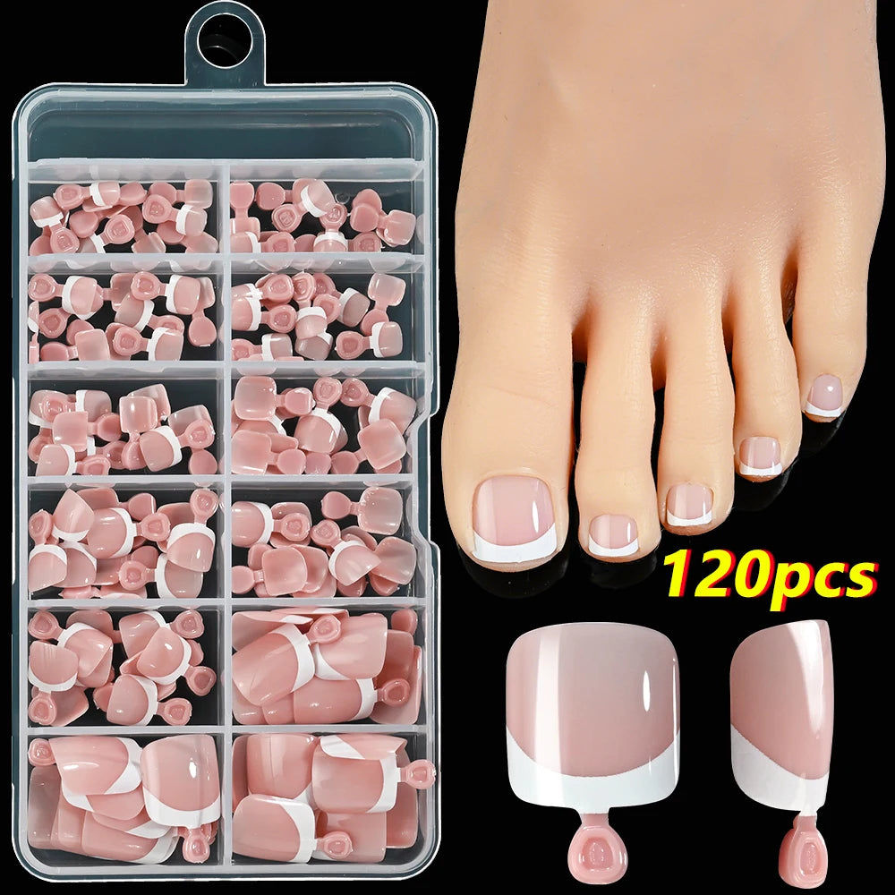 120Pcs 9-Colors French Fake Toenails Summer Short Sqaure Press On Toe Nails Tips Glossy Nude/Pink/Brown Full Cover False Toenail
