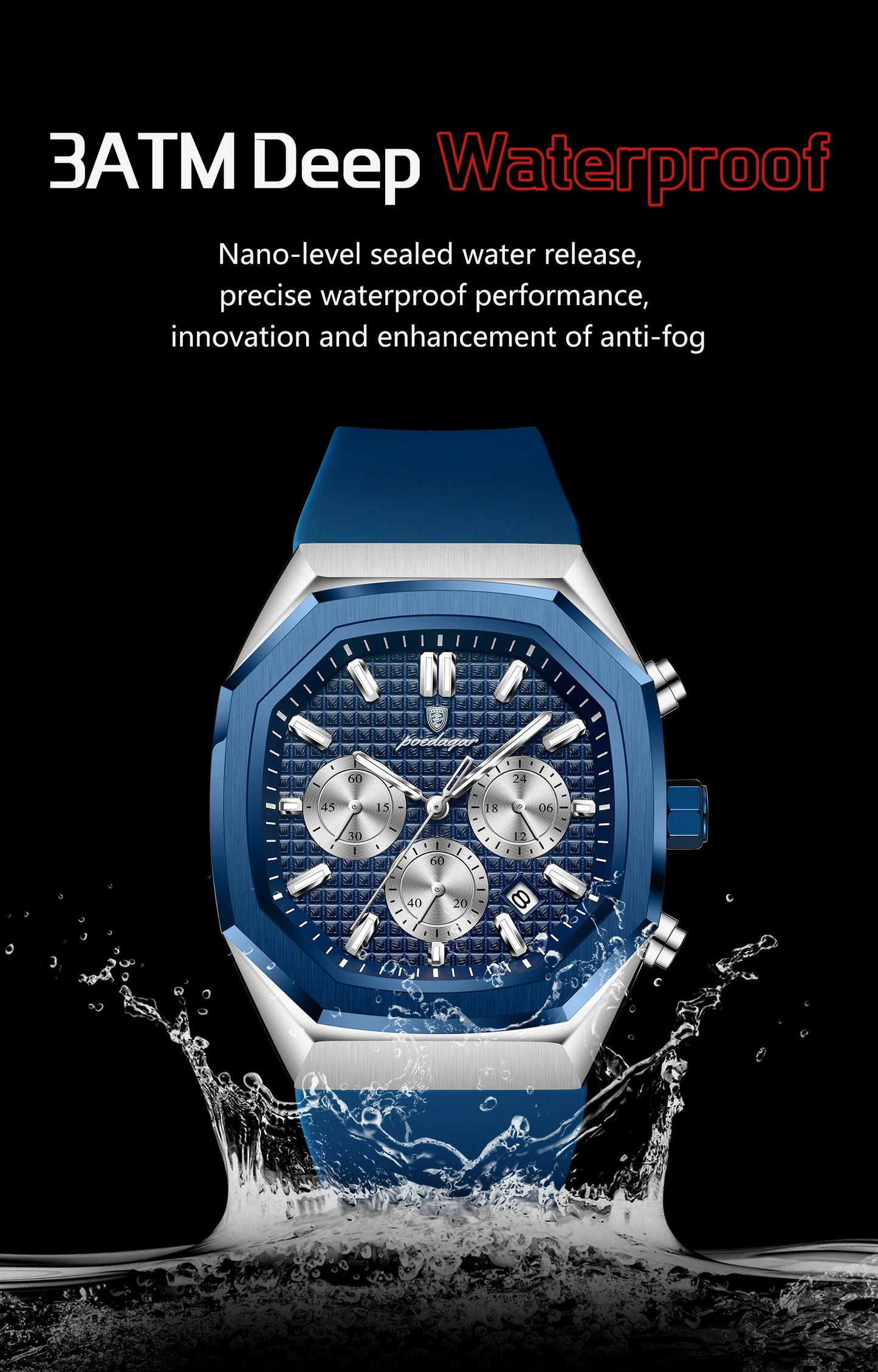 POEDAGAR Business Men's Watch Chronograph Date Silicone Strap Quartz Man Watch Waterproof Luminous Fashion Watches For Men Reloj