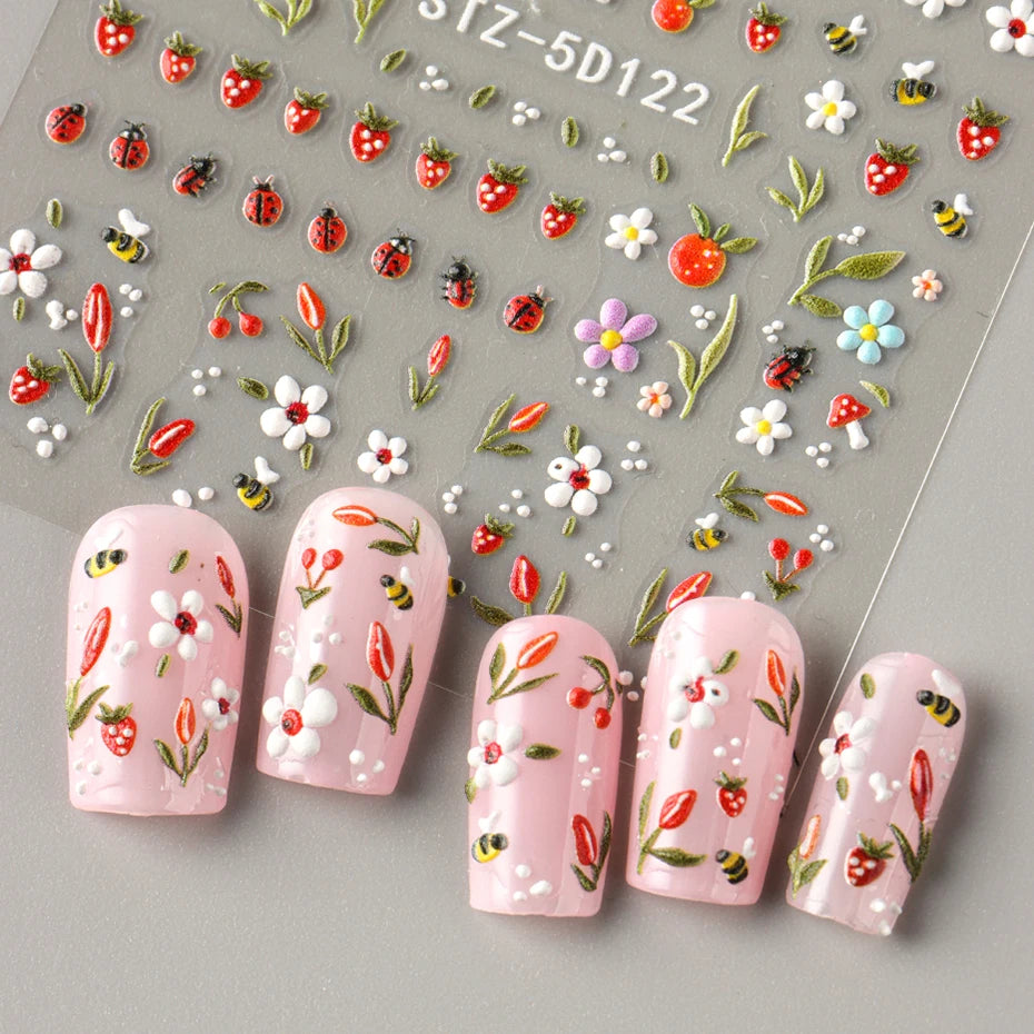 5D Embossed Kawaii Ladybug Sliders Spring White Daisy Flowers Nail Stickers DIY Simple Petals Wedding Nails Decals Accesories