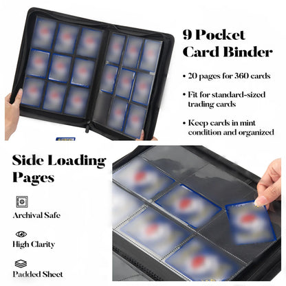 9 Pocket Zipper Card Binder, 360 Trading Card Holder Book, Premium PU Cover Zip Binder for Cards, Durable Side Loading Card