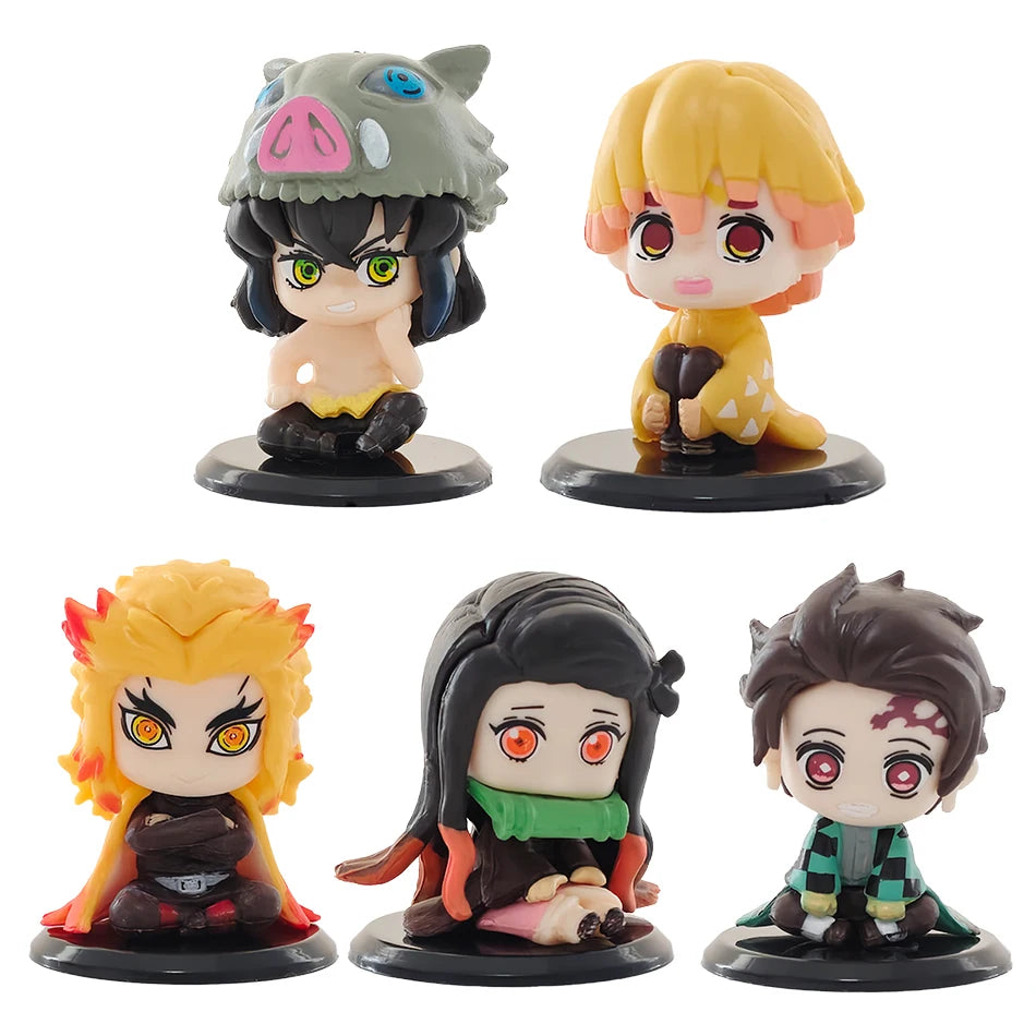 5-15pcs Q Version Demon Slayer Sitting Ghost Doll Tanjiro Nidouzi Inosuke Zenizu  Toy  Figural PVC Model Gift