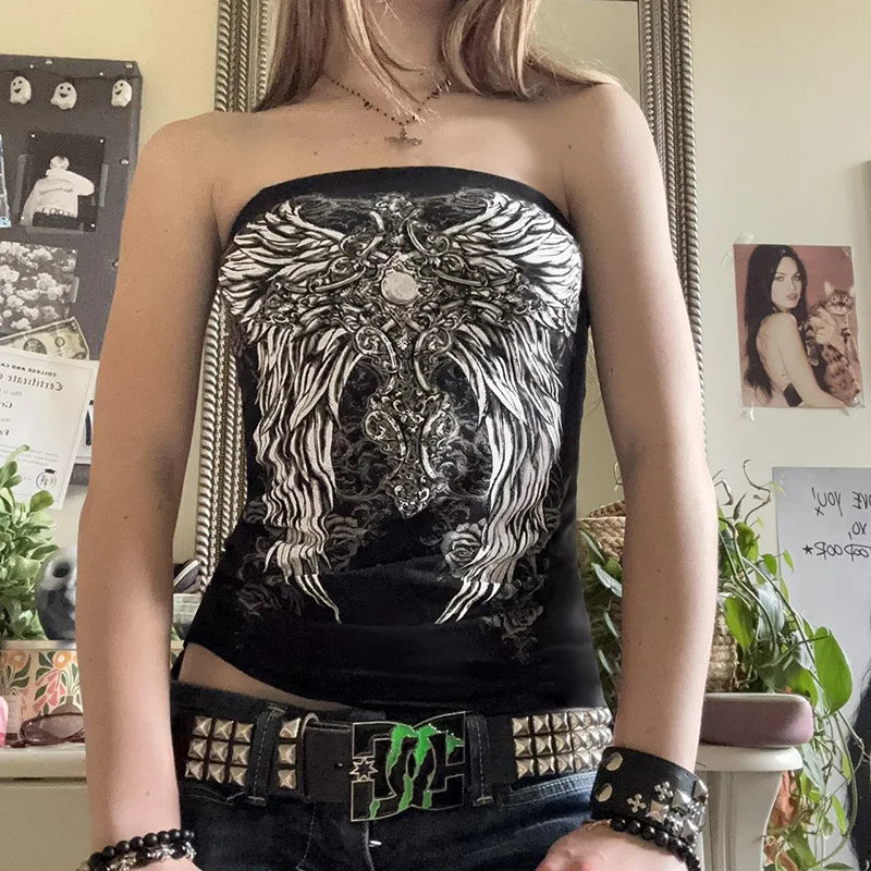 Graphic-Print Strapless Crop Top
