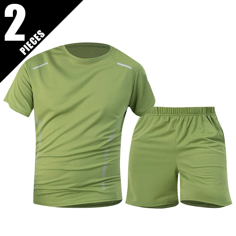 2-Piece Men's Summer Quick Drying Sports Suit Loose And Breathable Short Sleeved T-shirt Running And Fitness Black Pocket Shorts