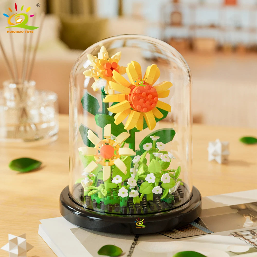 HUIQIBAO MOC Eternal Bouquet Display Box Micro Building Blocks Flower Model DIY Home Desk Plant Decoration Brick Toy For Childre