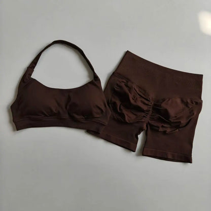 Sexy Halter Neck Beautiful Back High Waist Peach Sports Bras Shorts Suit Pilates Gathering Yoga Vest Training Fitness Bra Sets