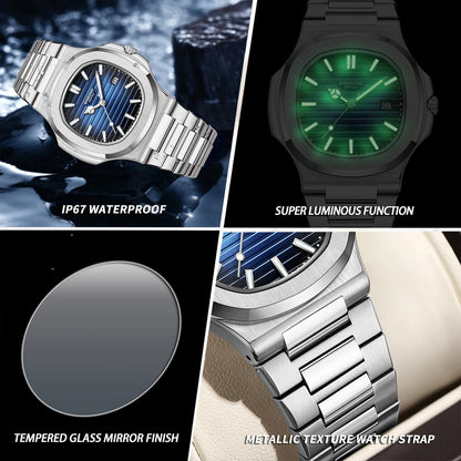 BINBOND sturdy stainless steel strap quartz wristwatches for men luxury luminous waterproof auto date accurate men's watch reloj