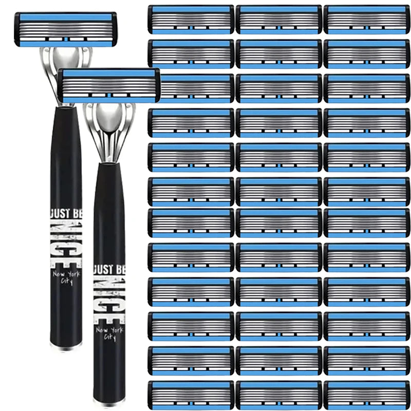 Men's 6-Blade Manual Razor with Non-Slip Handle and Multiple Replacement Blades - Ideal for Trimming Beards and Mustaches