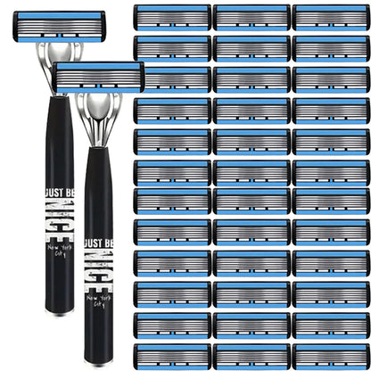 Men's 6-Blade Manual Razor with Non-Slip Handle and Multiple Replacement Blades - Ideal for Trimming Beards and Mustaches